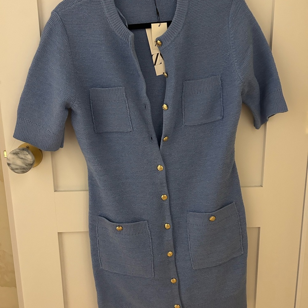 Zara Blue Knit Dress with Gold Buttons